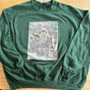 Vintage Christmas Stained‎ Glass Scene Green Crewneck Sweatshirt Size 3XL